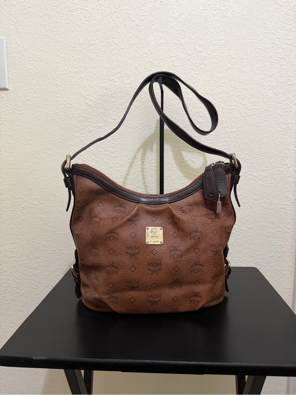 MCM Brown Monogram Leather Shoulder Bag with Gold Plaque